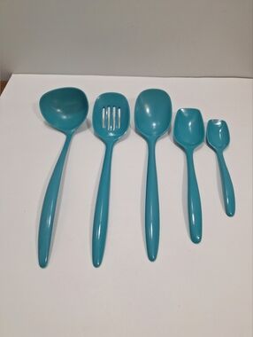 Vtg MCM Turquoise Rosti Danish Melamine 5 Piece Ladle/Spoons Utensil Set Demark